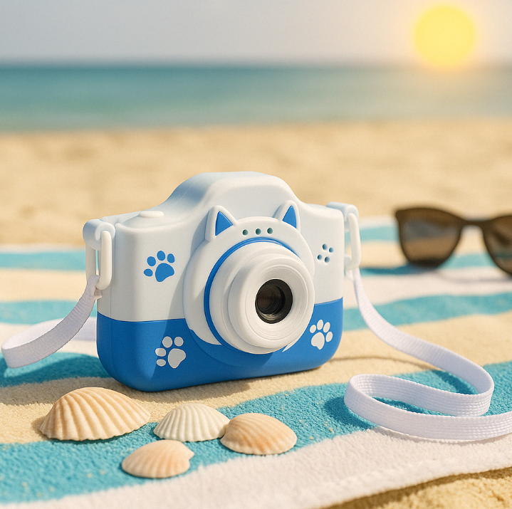 Appareil photo enfant bleu avec motifs de renard, posé sur une serviette rayée au bord de la plage, entouré de coquillages. Soleil couchant en arrière-plan, ambiance vacances.
