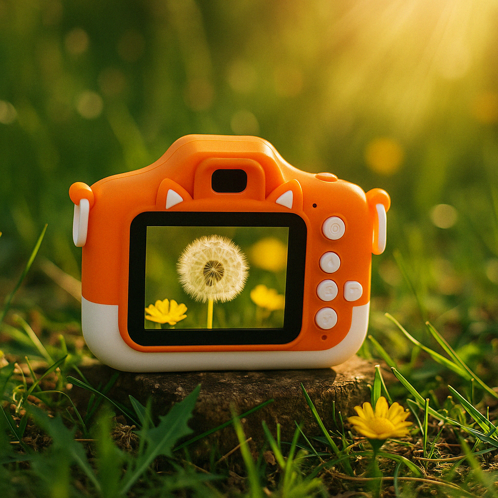 appareil photo enfant posé sur l'herbe