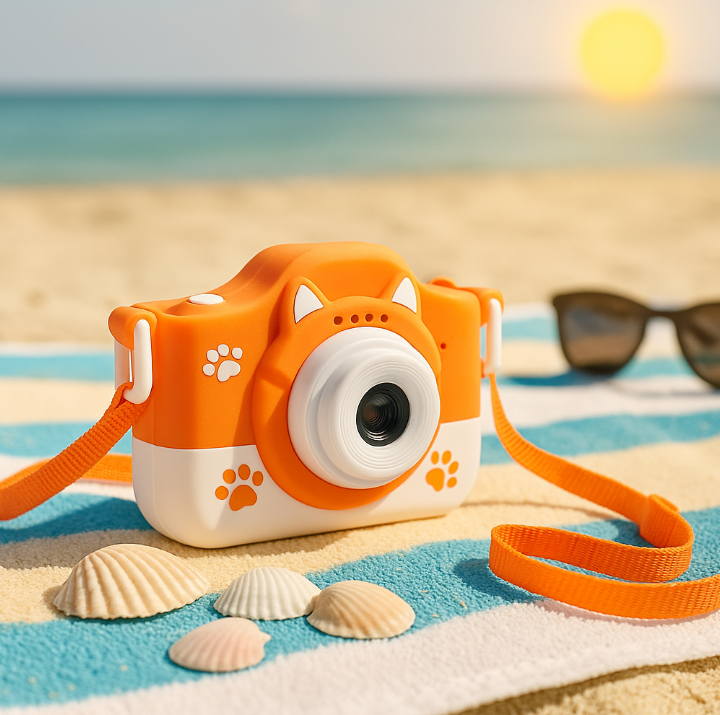 Appareil photo enfant orange avec motifs de renard, posé sur une serviette rayée au bord de la plage, entouré de coquillages. Soleil couchant en arrière-plan, ambiance vacances.