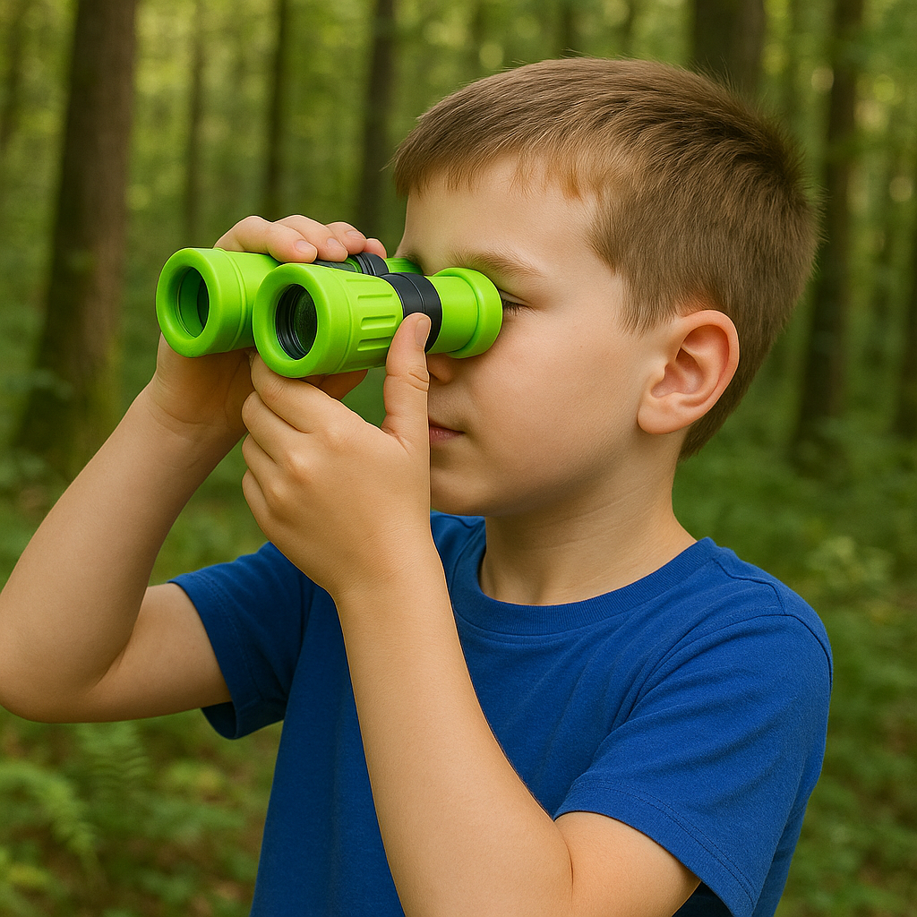UN GARĂON UTILISE SES JUMELLES ENFANT DANS LA NATURE