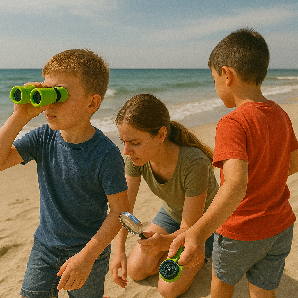 Des enfants jouent sur la plage avec leurs jumelles, leur loupe et une boussole