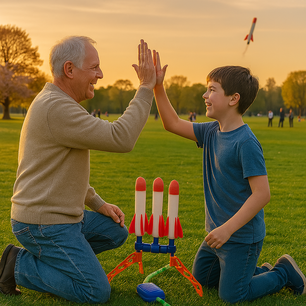 Jeu lanceur de fusées en mousse – grand-père et petit-fils s’amusent en plein air avec un jouet éducatif à 3 fusées, dans un parc au coucher du soleil. Activité intergénérationnelle pour enfants.