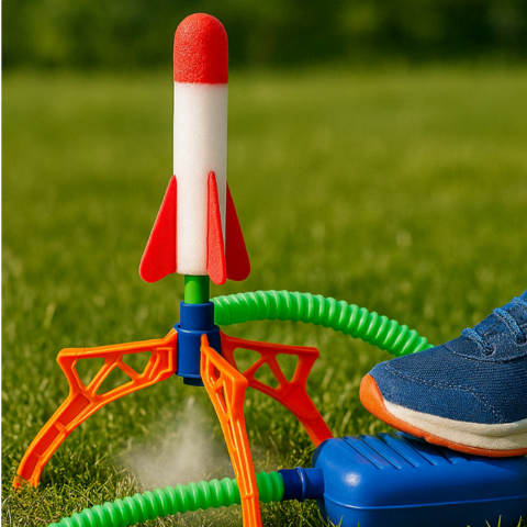 Jeu d’extérieur enfant – lanceur de fusée en mousse avec pompe à air, prêt à décoller sur gazon. Jouet éducatif interactif pour jardin ou parc.
