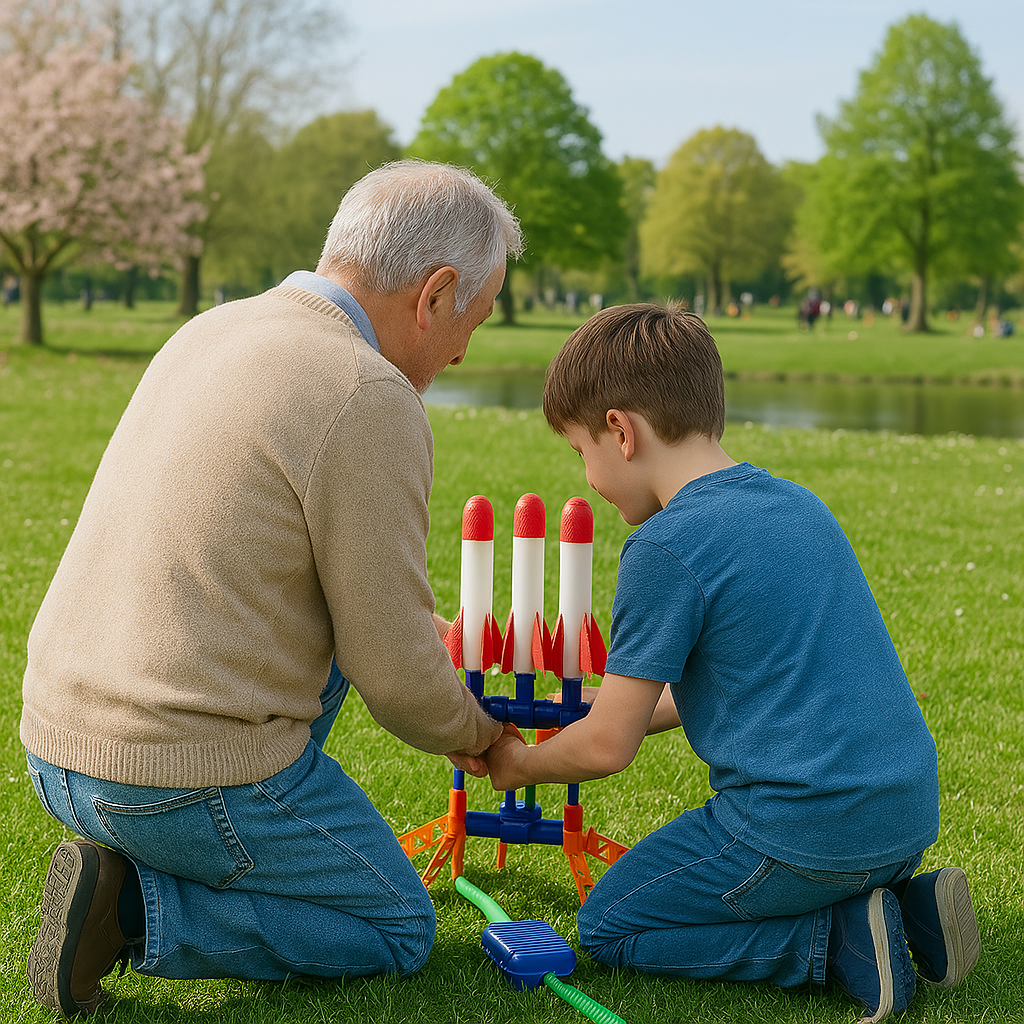 Jouet lanceur de fusées en mousse pour enfants – grand-père et petit-fils installent ensemble le lanceur à trois fusées dans un parc verdoyant au printemps. Jeu éducatif et moment complice intergénérationnel.
