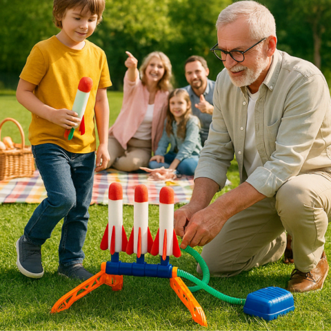 Jeu lanceur de fusées en mousse – grand-père et petit-fils préparent une session de jeu en plein air, observés par le reste de la famille lors d’un pique-nique printanier. Jouet éducatif et ludique pour enfants.