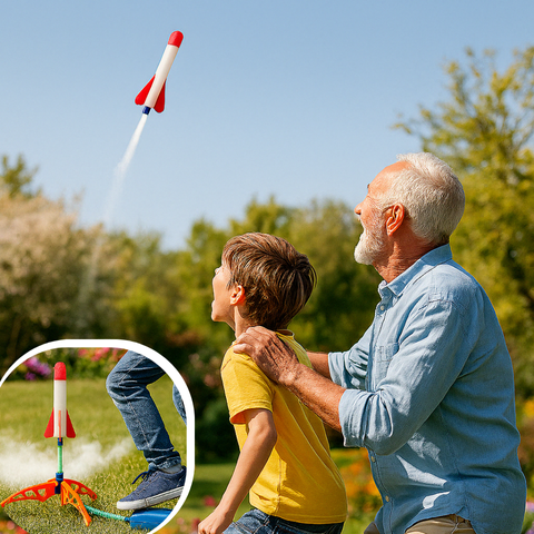 Lanceur de fusées en mousse pour enfants – un enfant et son grand-père admirent le décollage d'une fusée propulsée par pompe à air, en plein parc. Jeu éducatif d’extérieur, modèle SkyRocket.