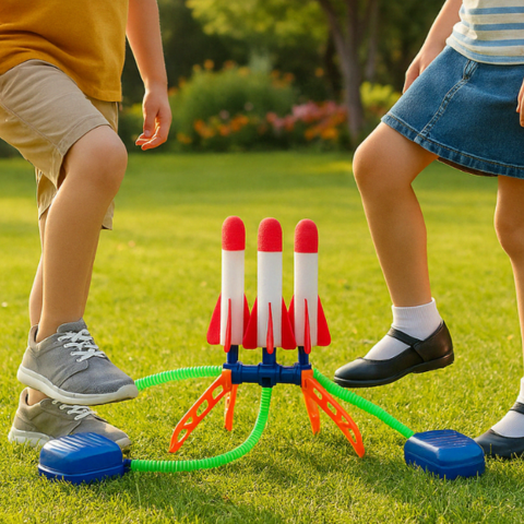 Lanceur de fusées pour enfants – deux enfants activent simultanément les pompes à air pour propulser les fusées en mousse. Jouet d’extérieur interactif sur gazon, parfait pour le jardin ou le parc.