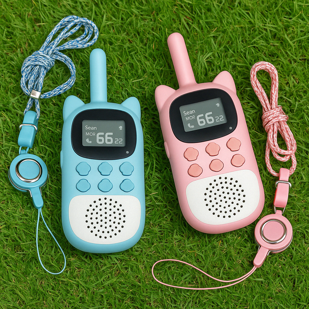 Talkie-walkie enfant MySecretVoice bleu et rose posĂ©s sur herbe â design ergonomique, parfait pour jouer en extĂ©rieur
