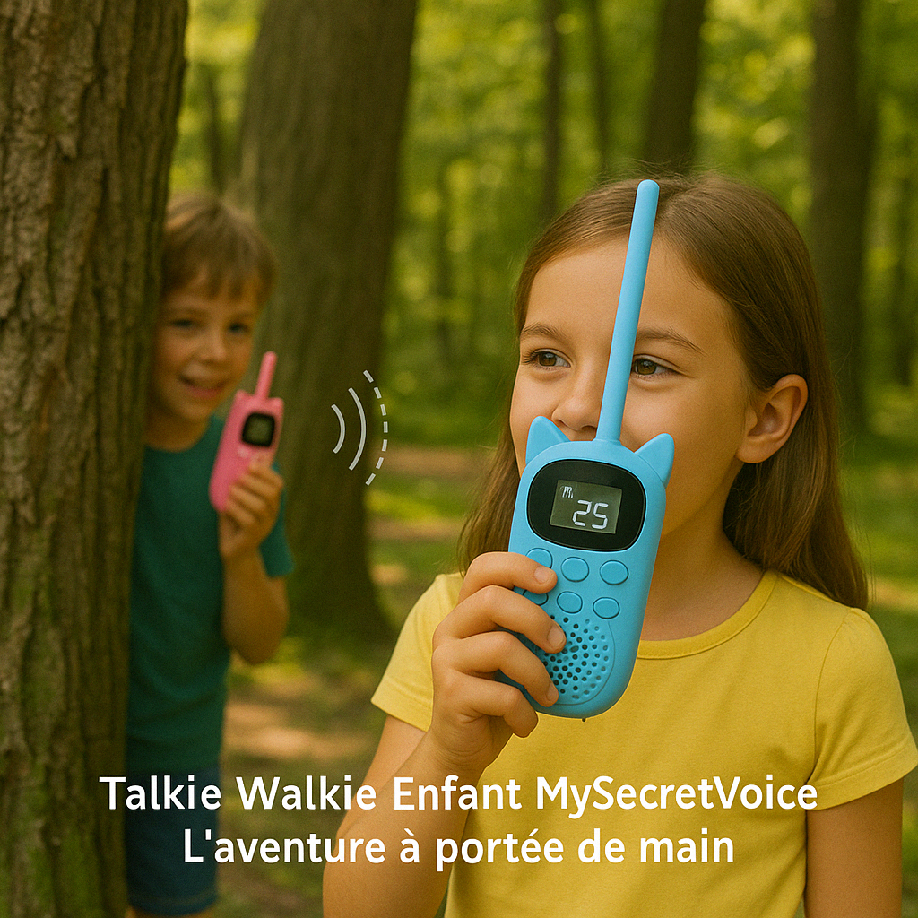 Enfants jouant en forĂȘt avec talkie-walkie MySecretVoice bleu et rose â communication sĂ©curisĂ©e et aventure en plein air