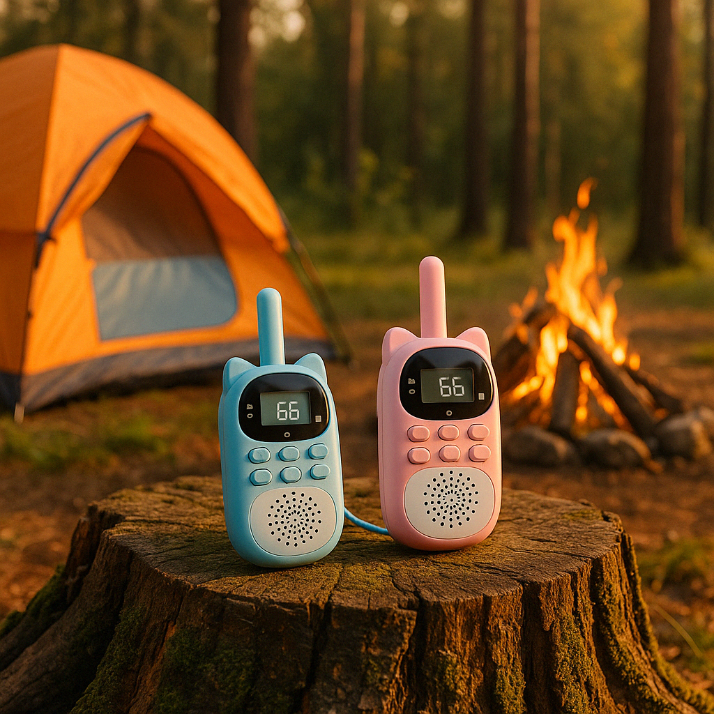Talkie-walkie MySecretVoice posĂ© prĂšs dâun feu de camp â compagnon idĂ©al pour les camps et aventures en famille
