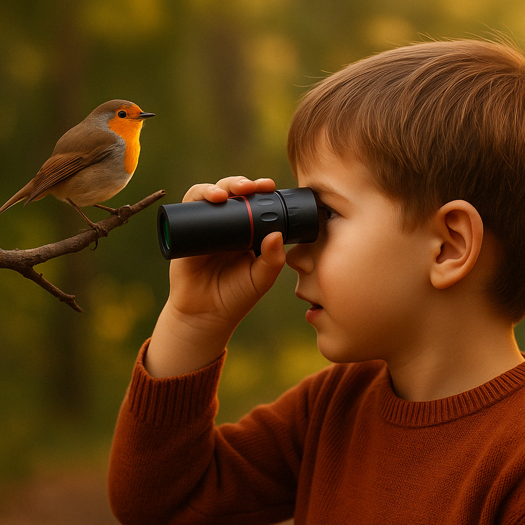 Enfant concentré observant la nature avec une jumelle noire 2000×24, idéale pour explorer le monde