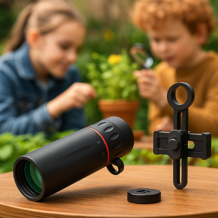 Jumelle 2000×24 et adaptateur téléphone posés sur une table de jardin, pendant que des enfants observent les plantes.