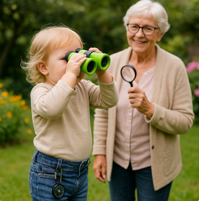 Une petite fille utilise ses jumelles vertes dans le jardin avec mamie