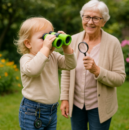 Une petite fille utilise ses jumelles vertes dans le jardin avec mamie