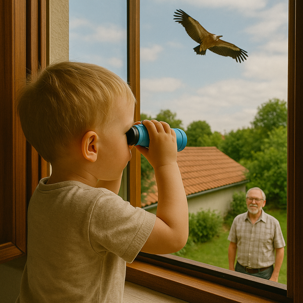 JUMELLES-ENFANT-observation-des-oiseaux dans le jardin de papy
