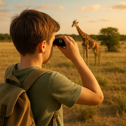 Jumelles utilisées par un enfant qui contemple une girafe au cours d'un safari